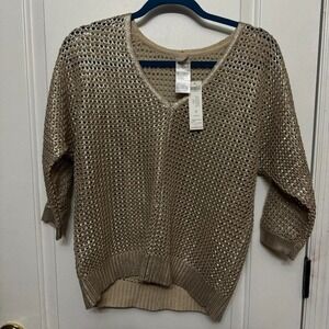 Chico's Women's Gold V-Neck 3/4 Sleeve Knit Pullover Sweater Size 0